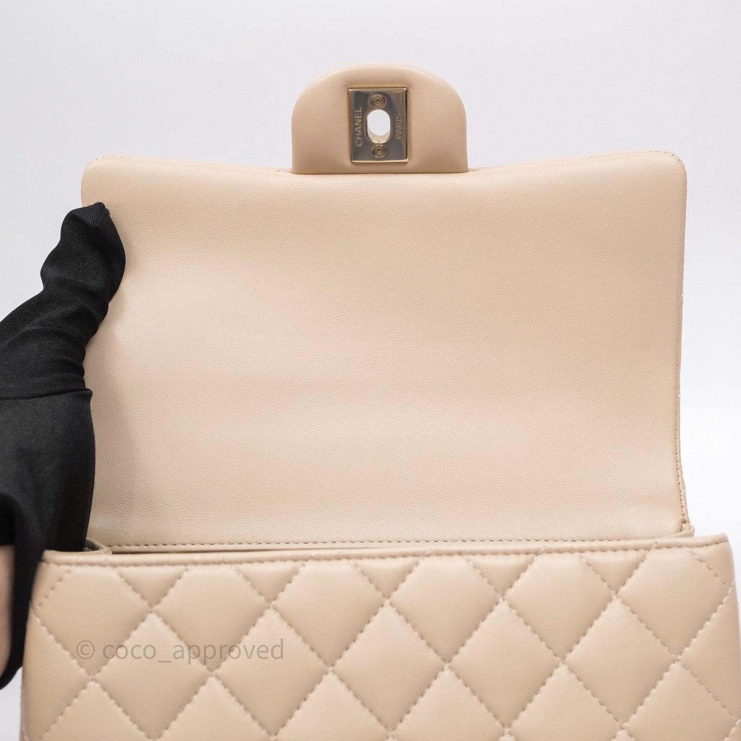 Chanel Top Handle Mini Rectangular Flap Beige Lambskin Gold Hardware