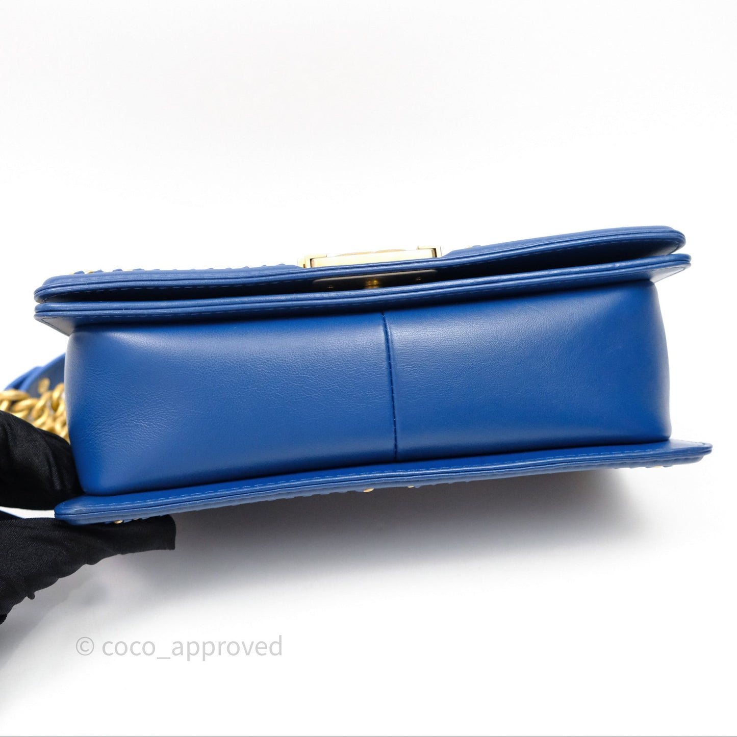 Chanel Quilted Medium Boy With Handle Blue Calfskin Aged Gold Hardware