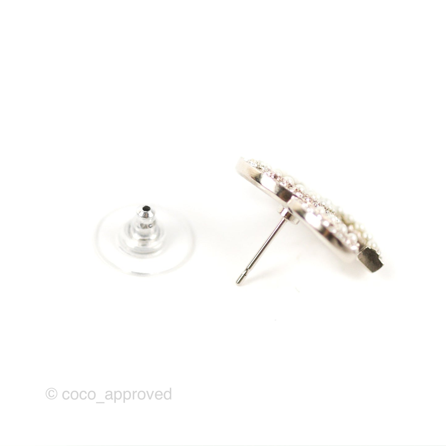 Chanel CC Pearl Crystal Earrings Silver Tone 19K