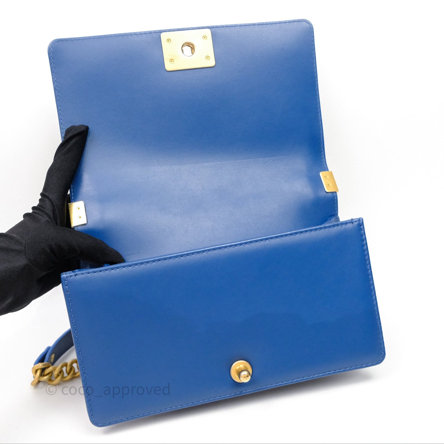 Chanel Quilted Medium Boy With Handle Blue Calfskin Aged Gold Hardware