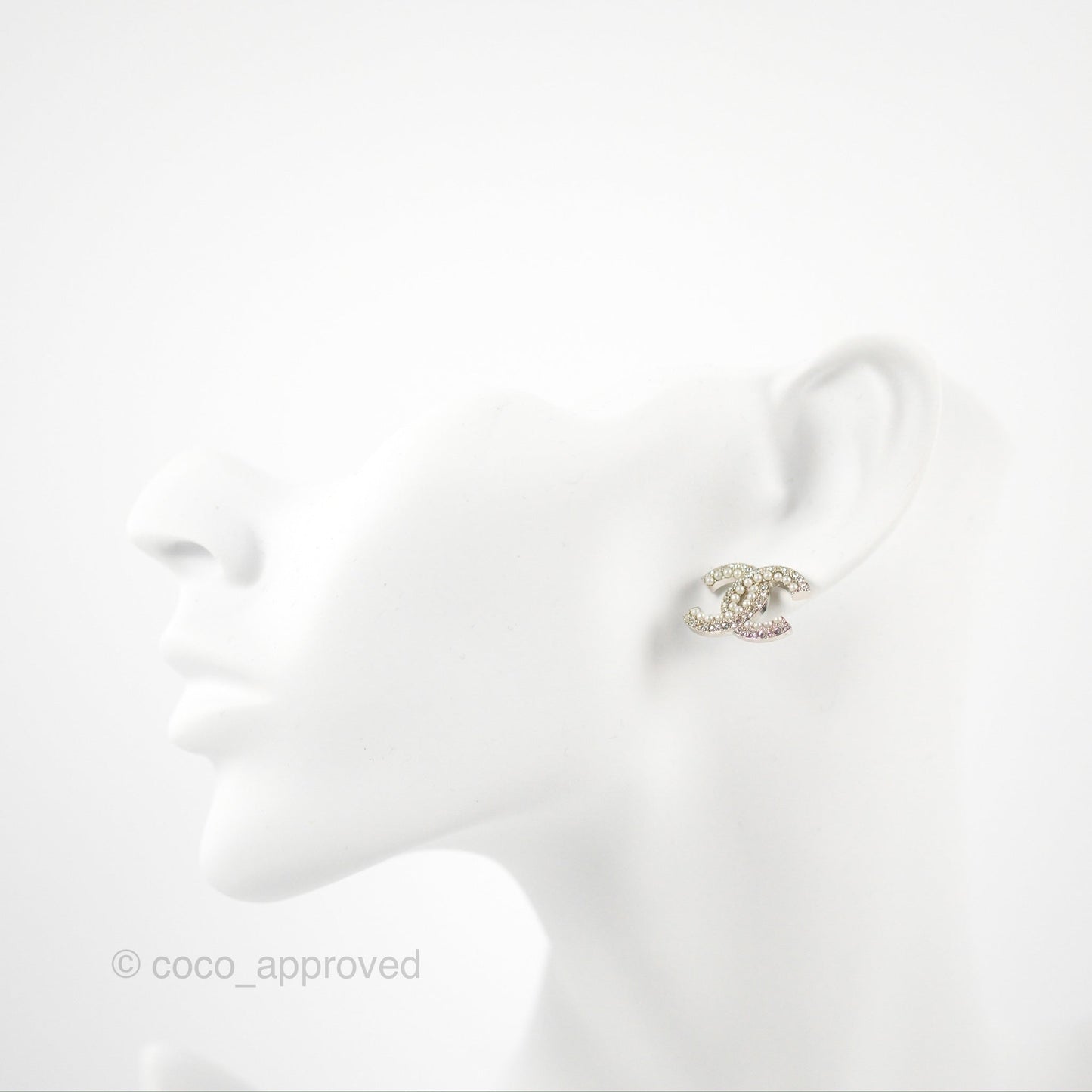 Chanel CC Pearl Crystal Earrings Silver Tone 19K