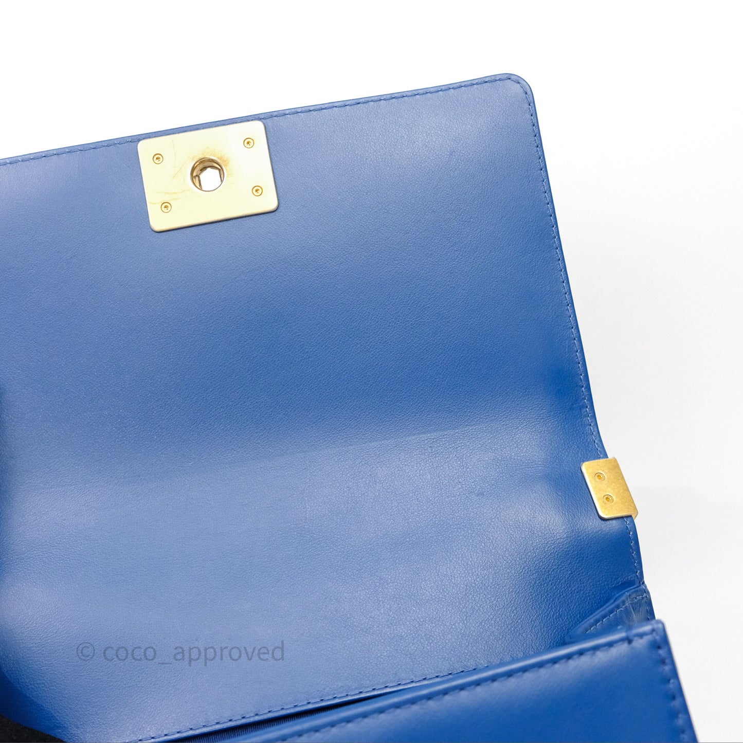 Chanel Quilted Medium Boy With Handle Blue Calfskin Aged Gold Hardware