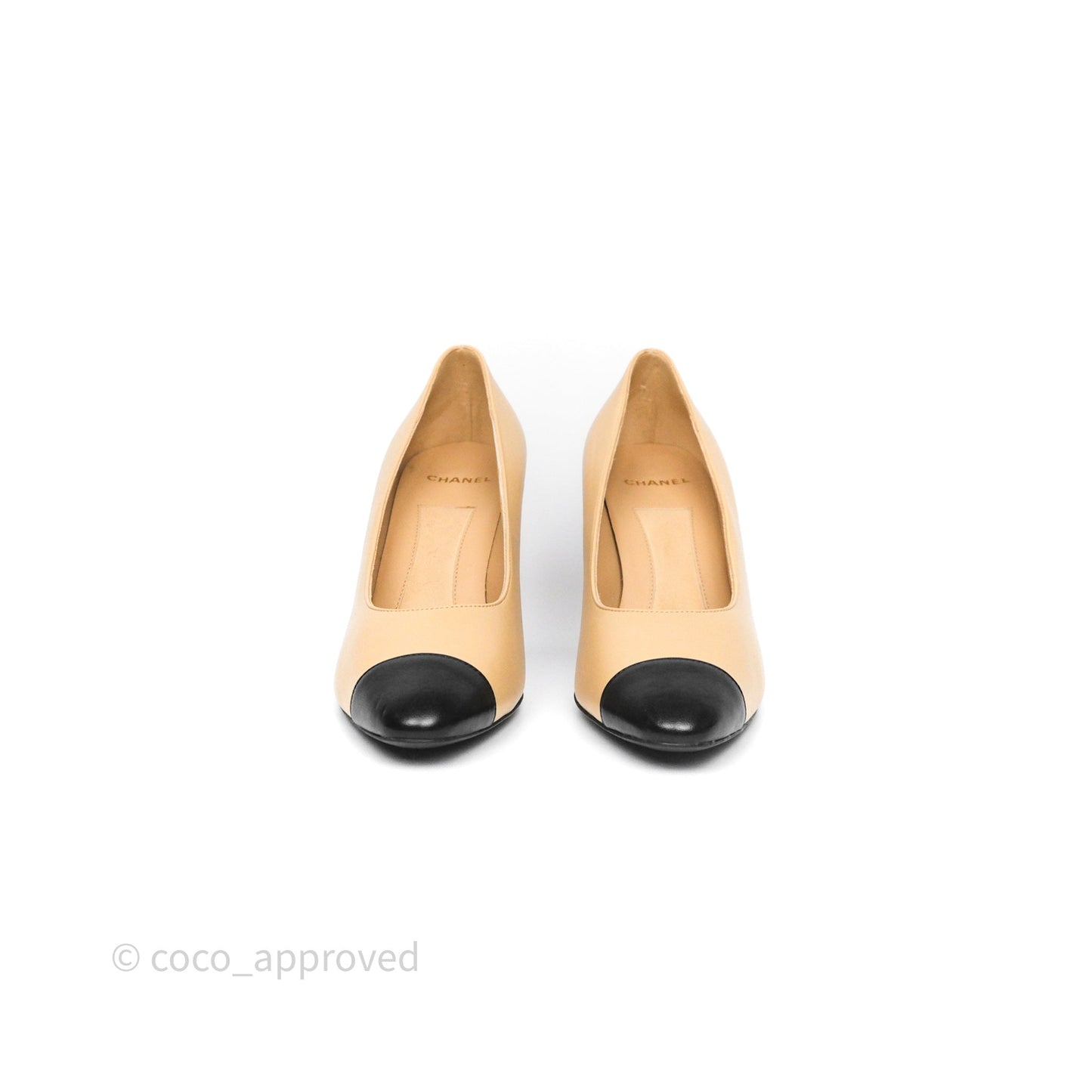 Chanel Beige Toe Pointed Black Pump Heels With Pearl Size 39