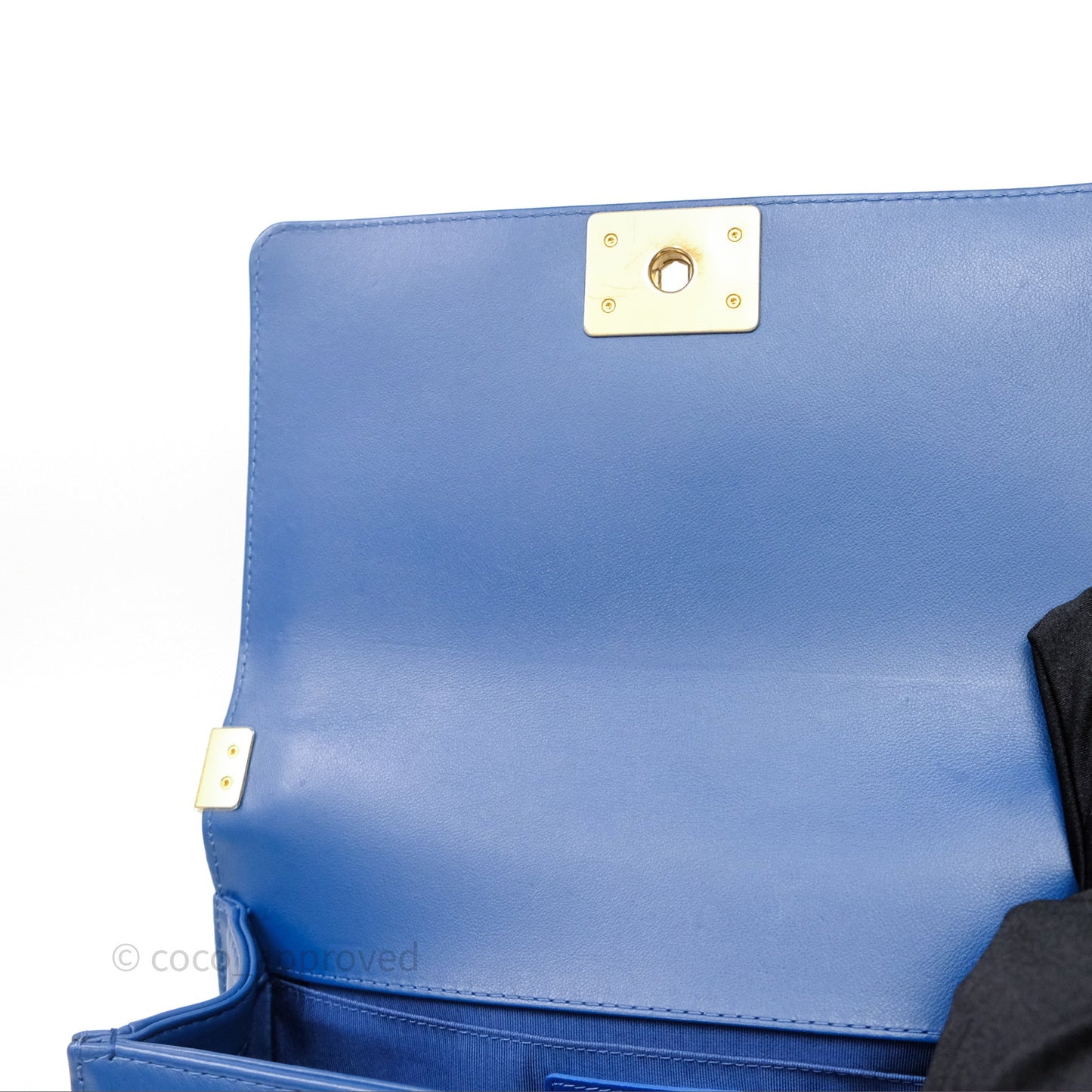 Chanel Quilted Medium Boy With Handle Blue Calfskin Aged Gold Hardware