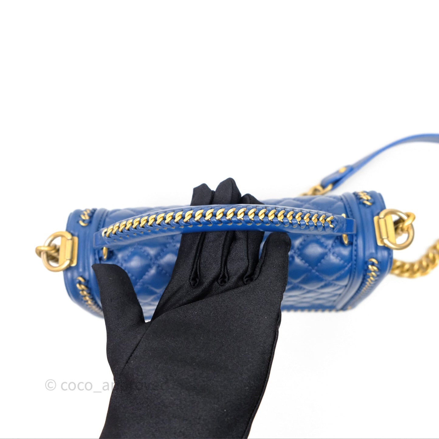 Chanel Quilted Medium Boy With Handle Blue Calfskin Aged Gold Hardware