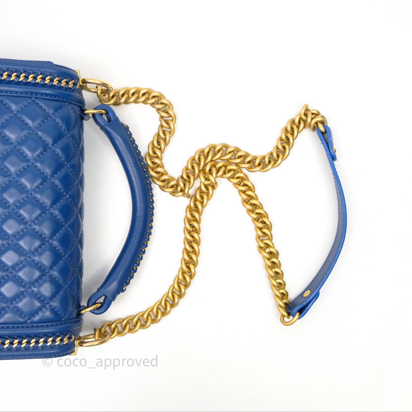 Chanel Quilted Medium Boy With Handle Blue Calfskin Aged Gold Hardware