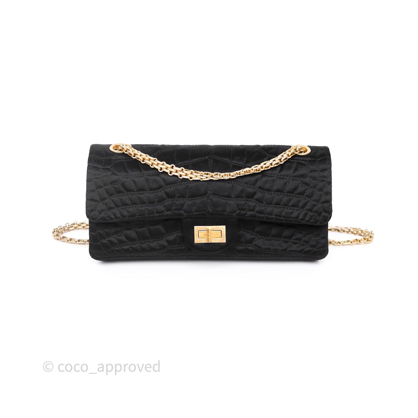 Chanel 2.55 Reissue East West Double Flap Black Satin Croc Aged Gold Hardware