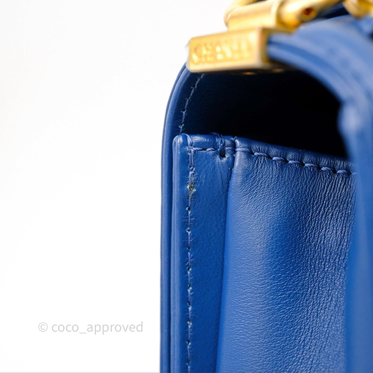 Chanel Quilted Medium Boy With Handle Blue Calfskin Aged Gold Hardware