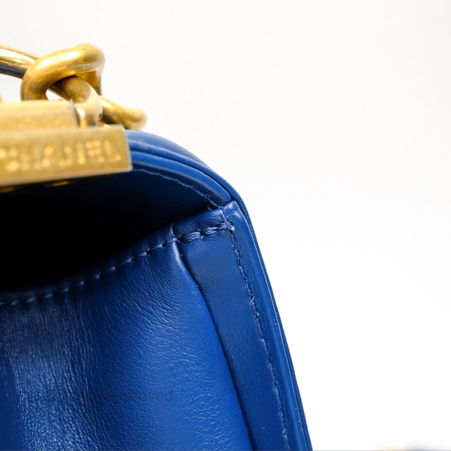 Chanel Quilted Medium Boy With Handle Blue Calfskin Aged Gold Hardware