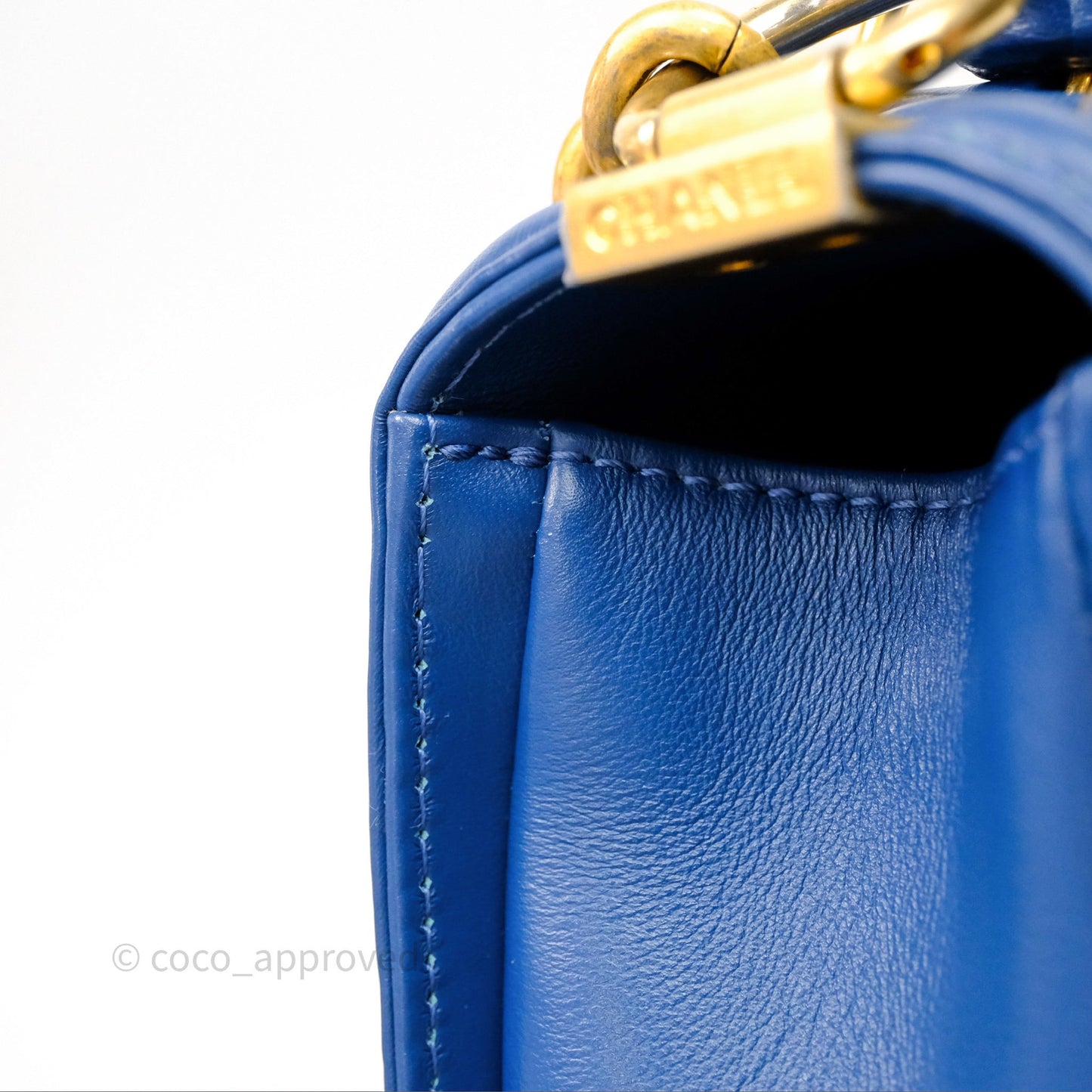 Chanel Quilted Medium Boy With Handle Blue Calfskin Aged Gold Hardware