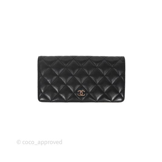 Chanel Classic Quilted Long Wallet Black Lambskin Silver Hardware