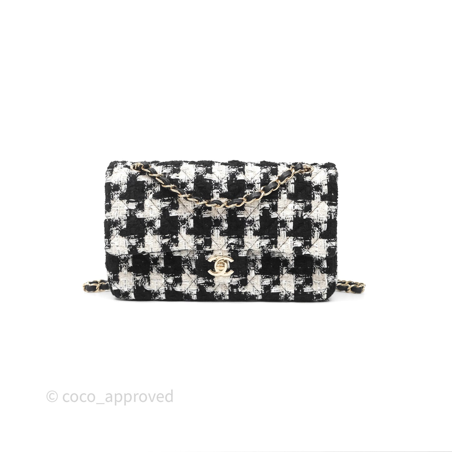 Chanel Quilted M/L Medium Double Flap Black White Houndstooth Tweed Gold Hardware