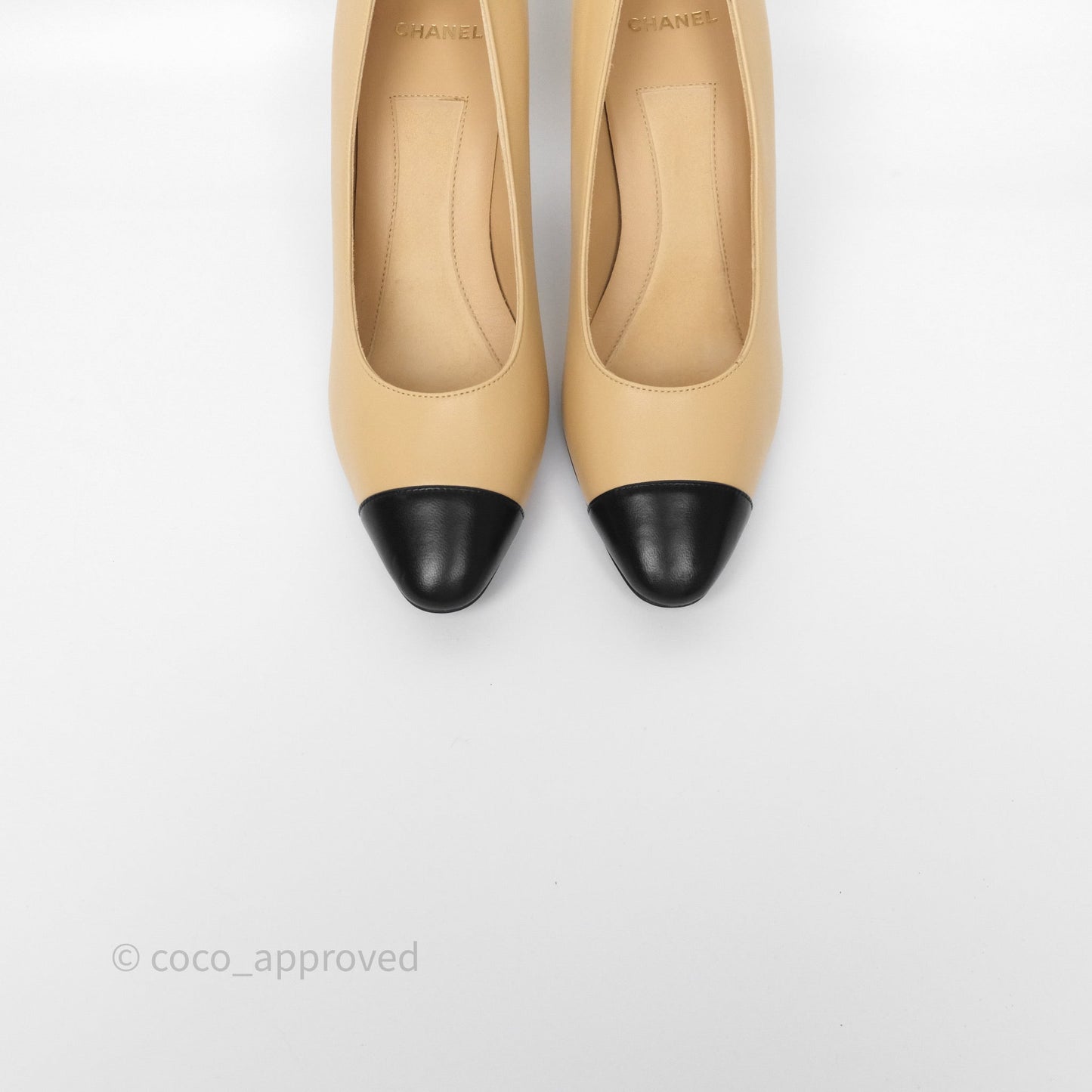 Chanel Beige Toe Pointed Black Pump Heels With Pearl Size 39