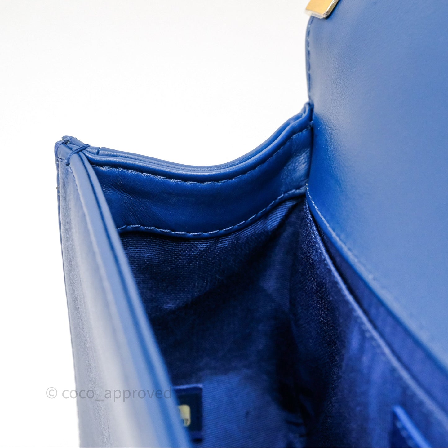 Chanel Quilted Medium Boy With Handle Blue Calfskin Aged Gold Hardware