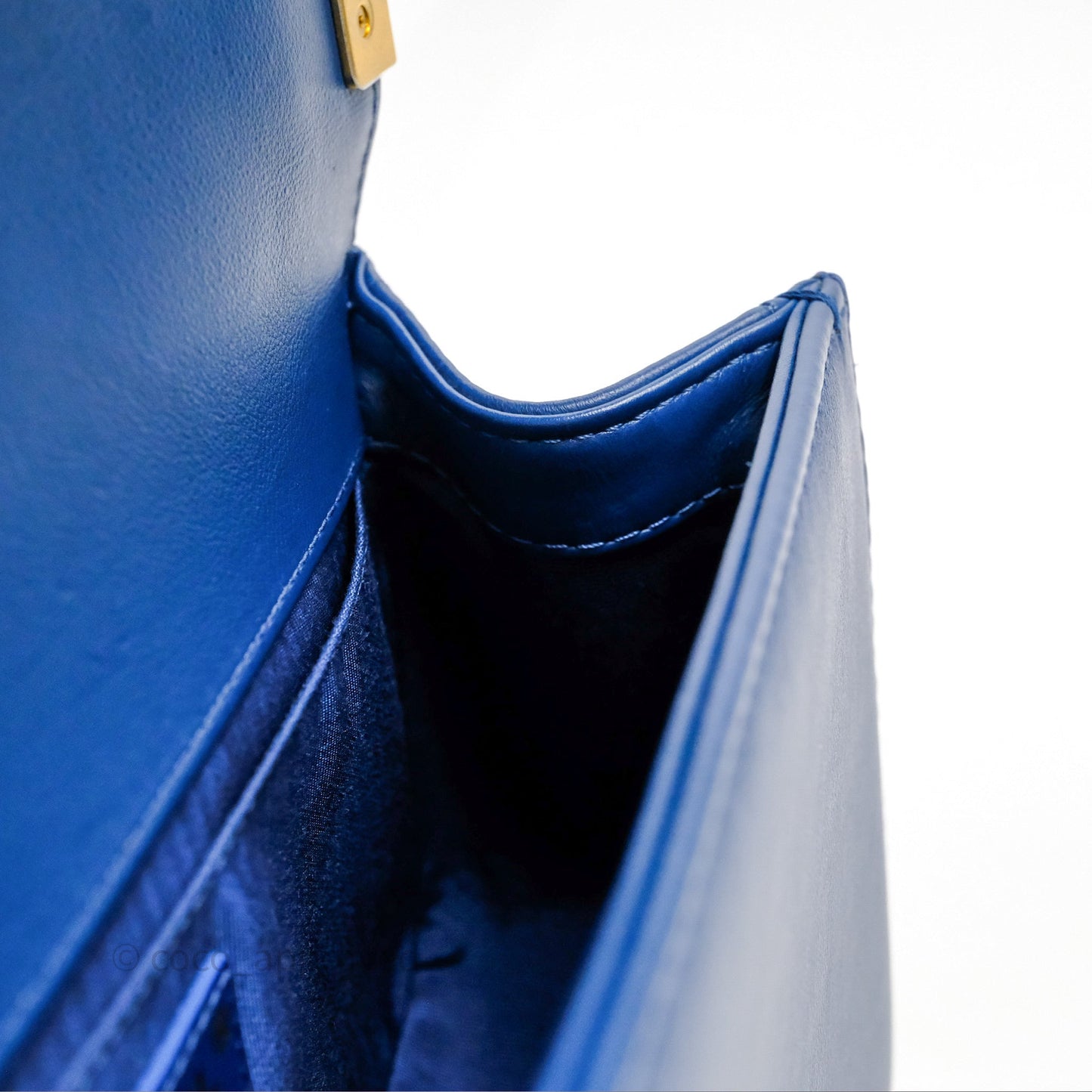 Chanel Quilted Medium Boy With Handle Blue Calfskin Aged Gold Hardware