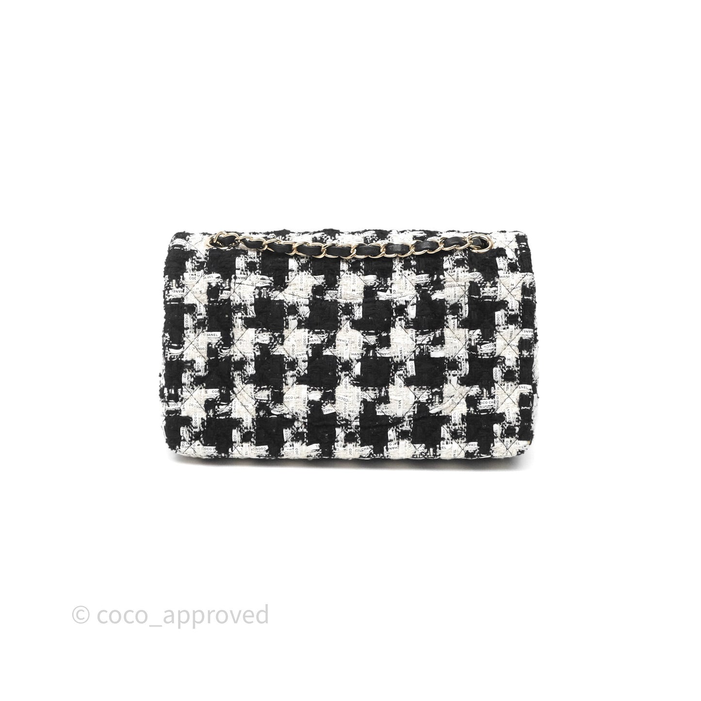 Chanel Quilted M/L Medium Double Flap Black White Houndstooth Tweed Gold Hardware
