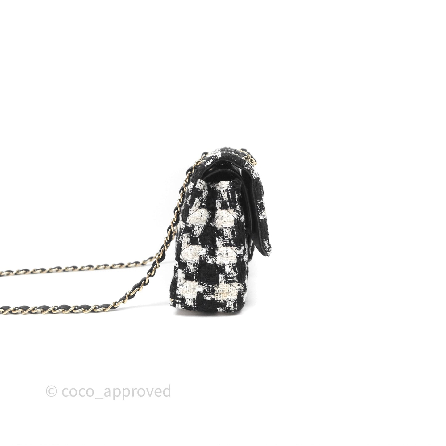 Chanel Quilted M/L Medium Double Flap Black White Houndstooth Tweed Gold Hardware