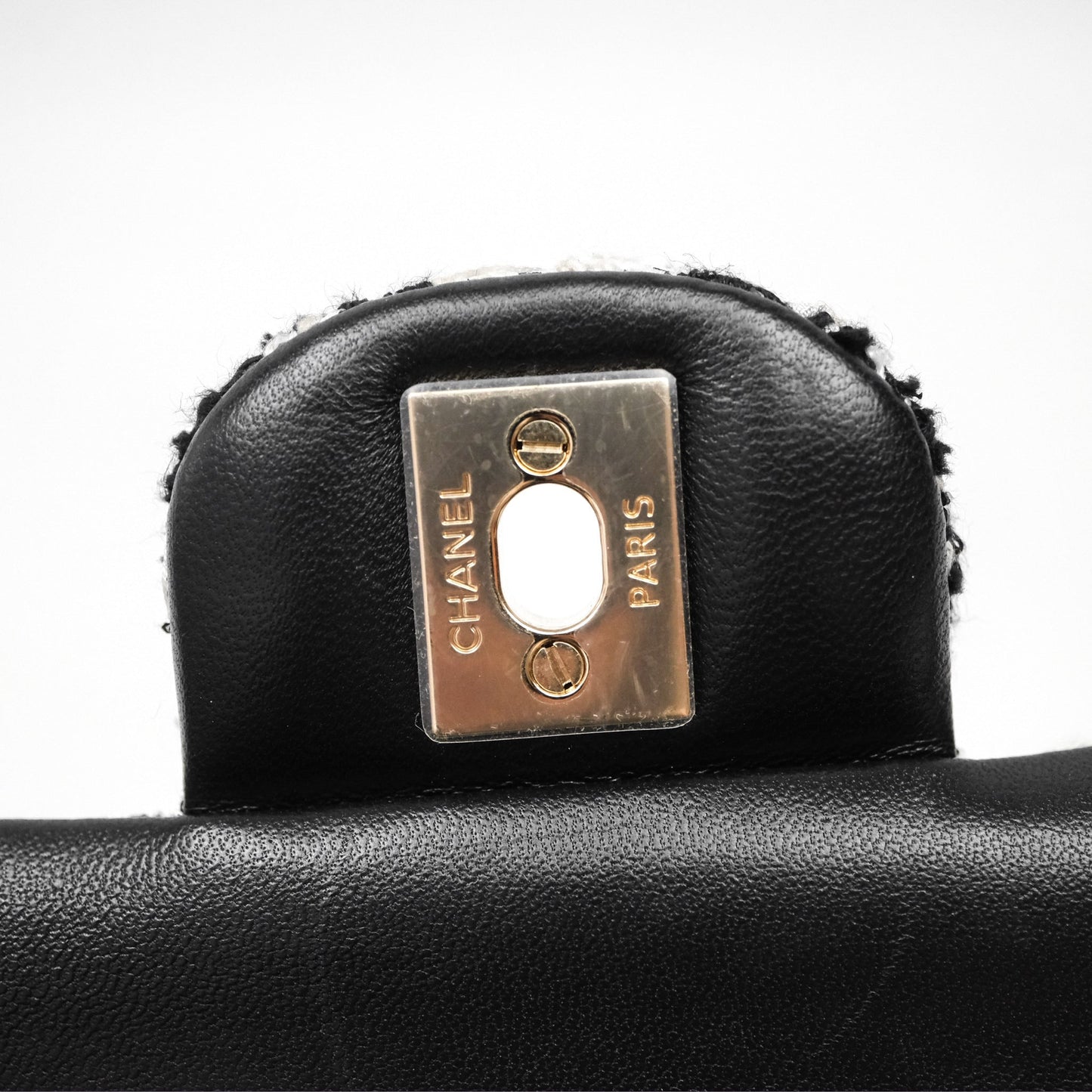 Chanel Quilted M/L Medium Double Flap Black White Houndstooth Tweed Gold Hardware