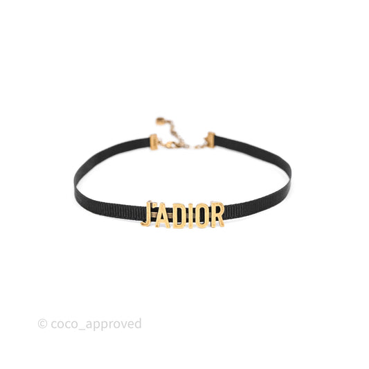 Christian Dior J'adior Ribbon Choker Necklace Black Aged Gold Tone