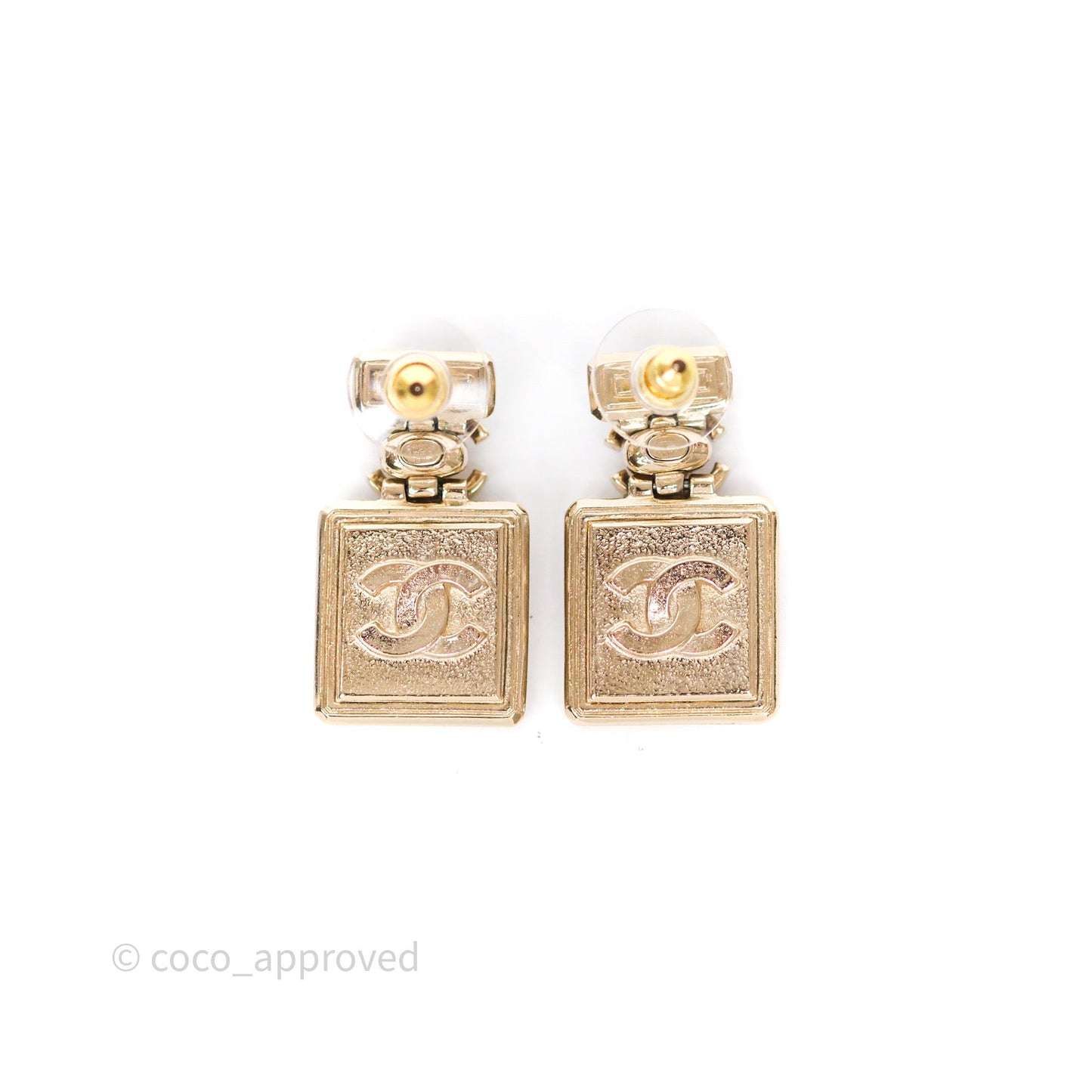 Chanel Crystal Perfume Bottle Pendant Earrings Gold Tone 23P