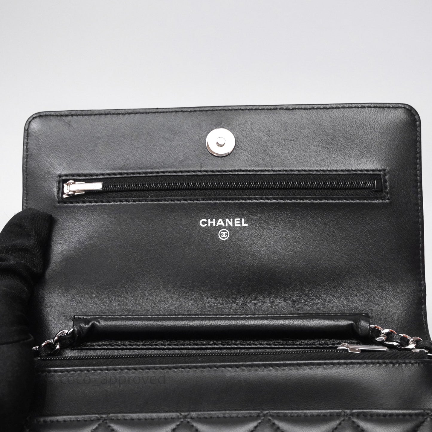 Chanel Quilted WOC Black Lambskin Silver Hardware