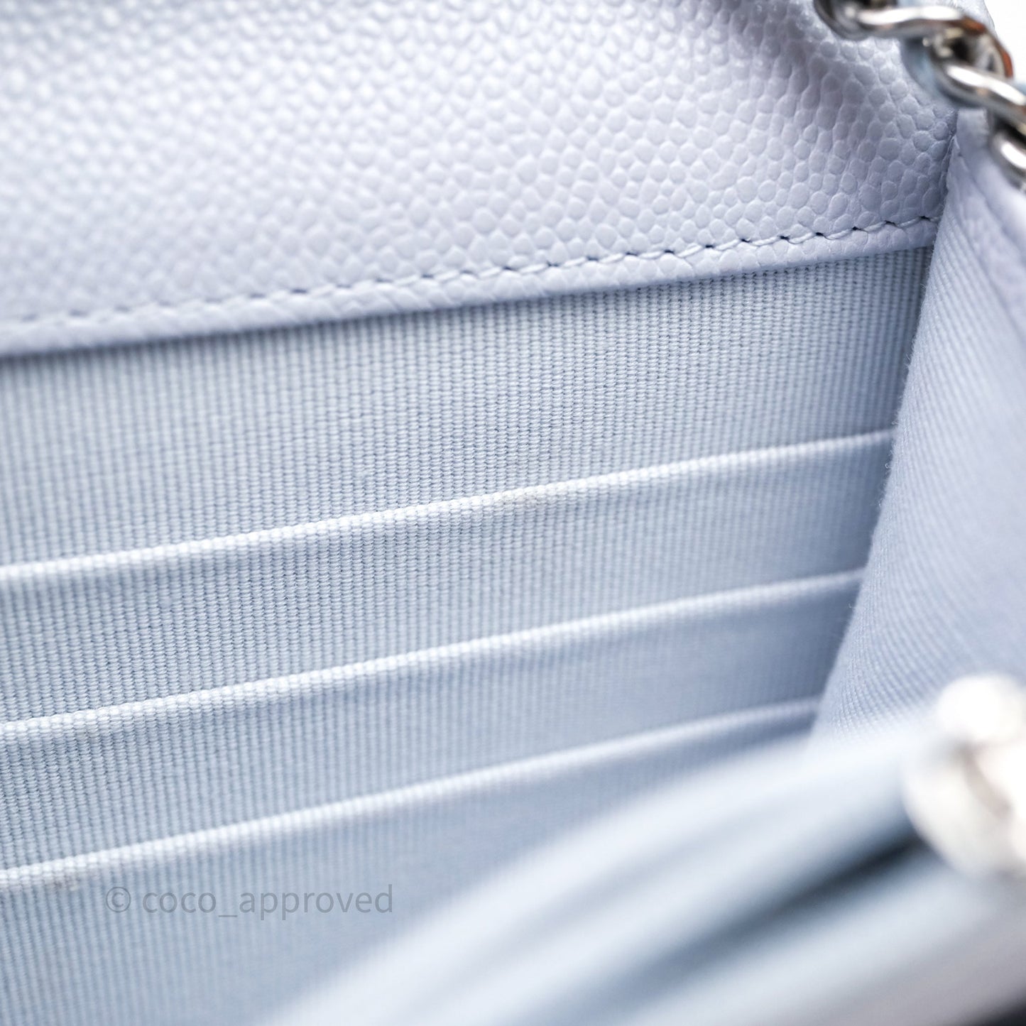Chanel Quilted Classic Wallet on Chain WOC Light Blue Caviar Silver Hardware