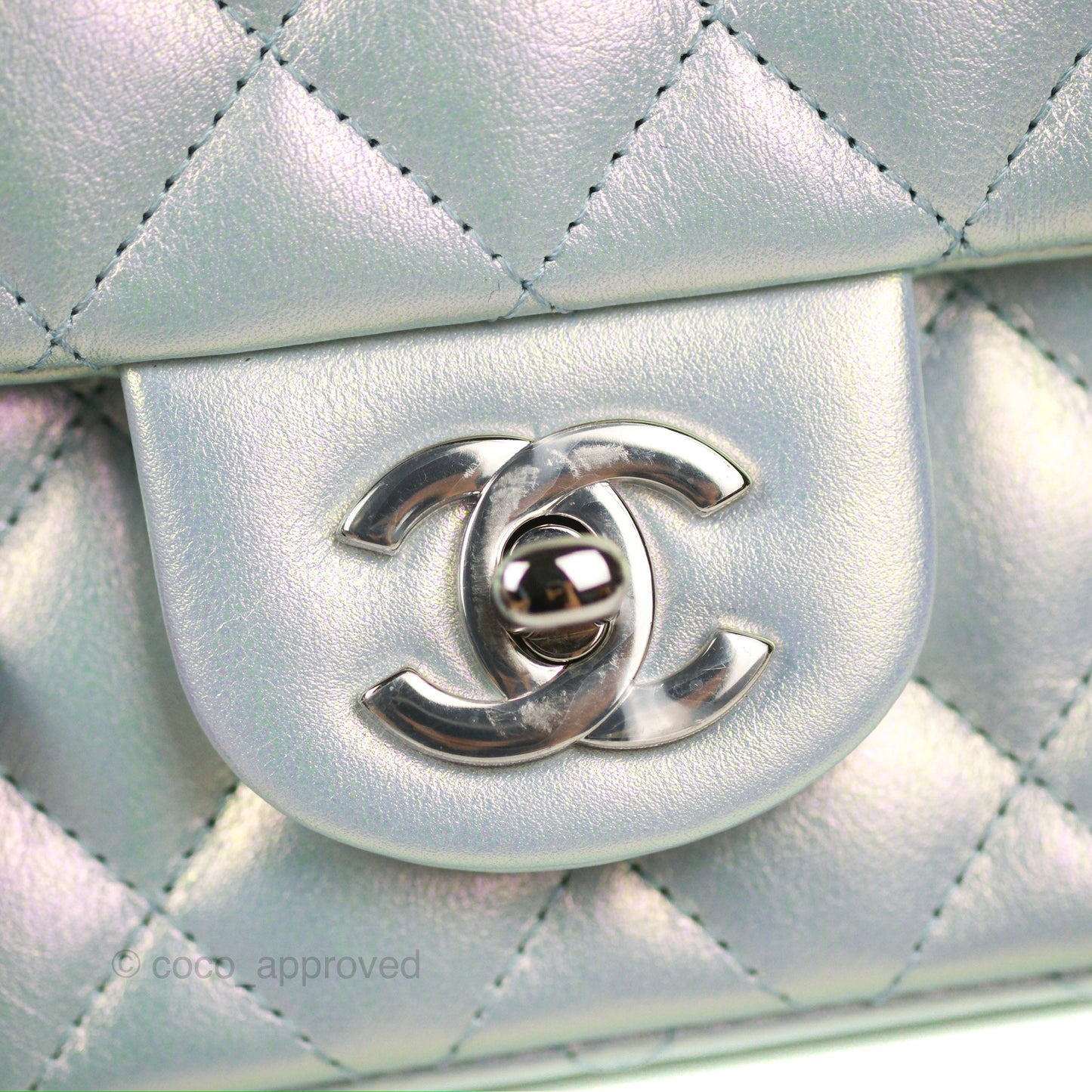 Chanel Mini Square Quilted Iridescent Pale Blue Silver Hardware