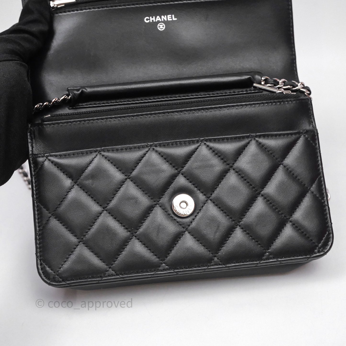 Chanel Quilted WOC Black Lambskin Silver Hardware