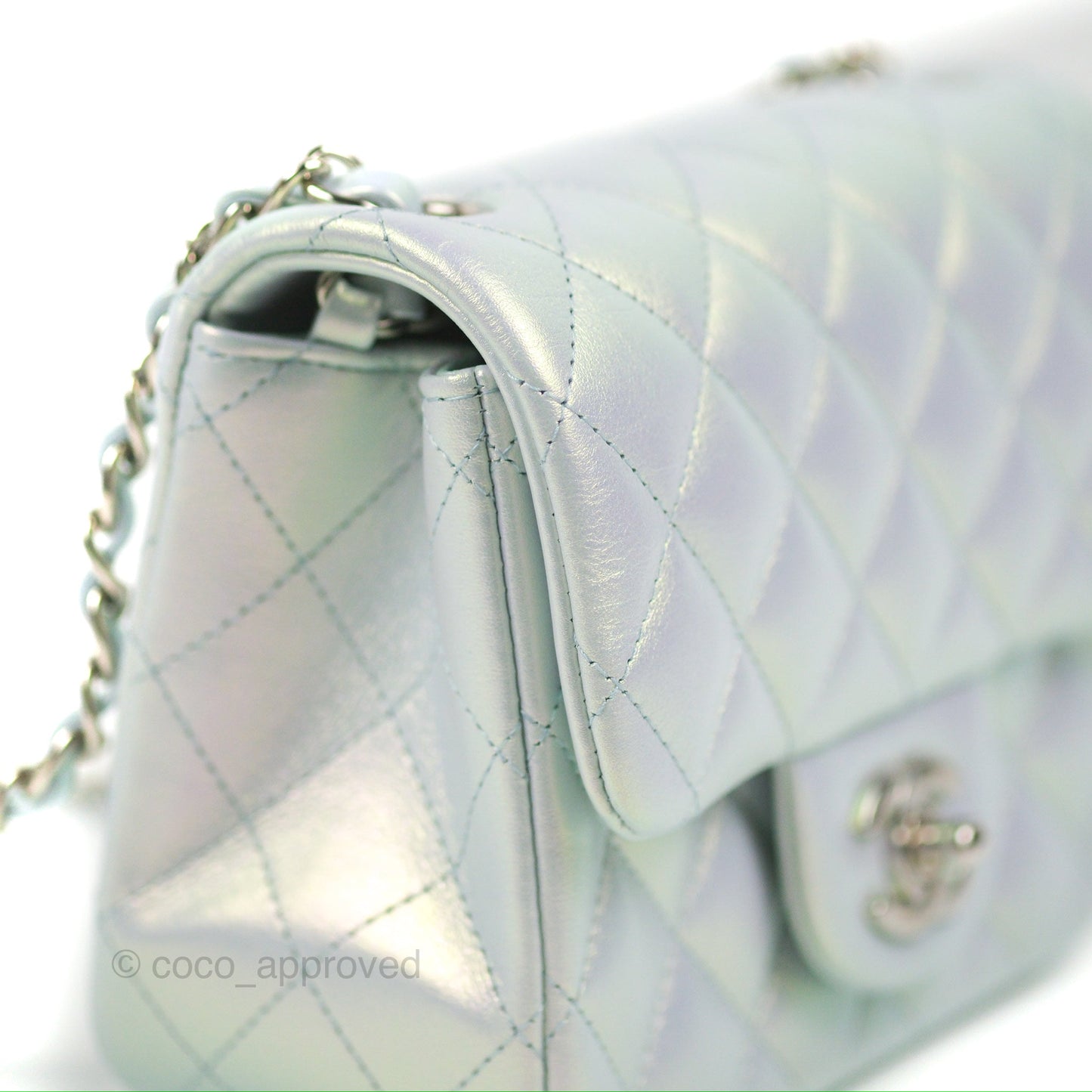 Chanel Mini Square Quilted Iridescent Pale Blue Silver Hardware