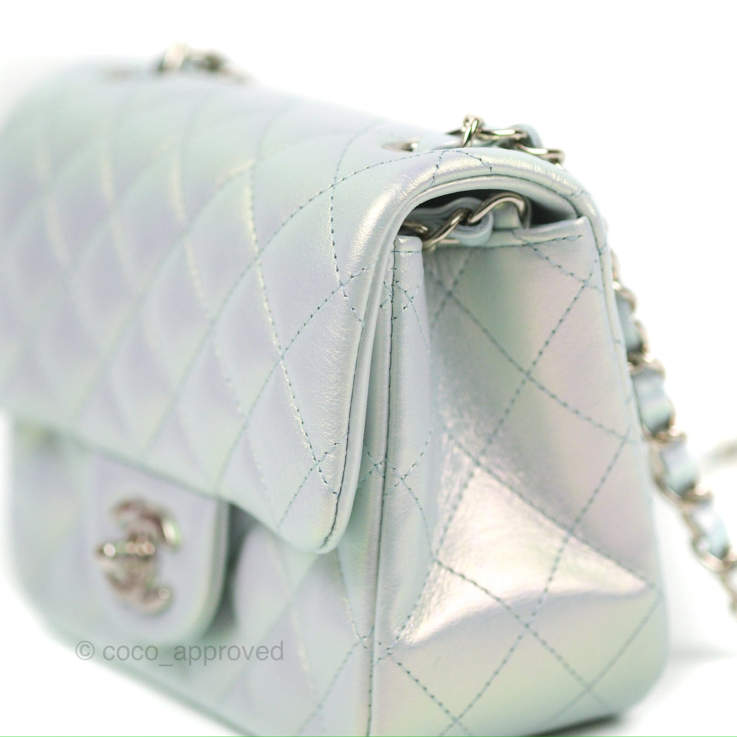 Chanel Mini Square Quilted Iridescent Pale Blue Silver Hardware