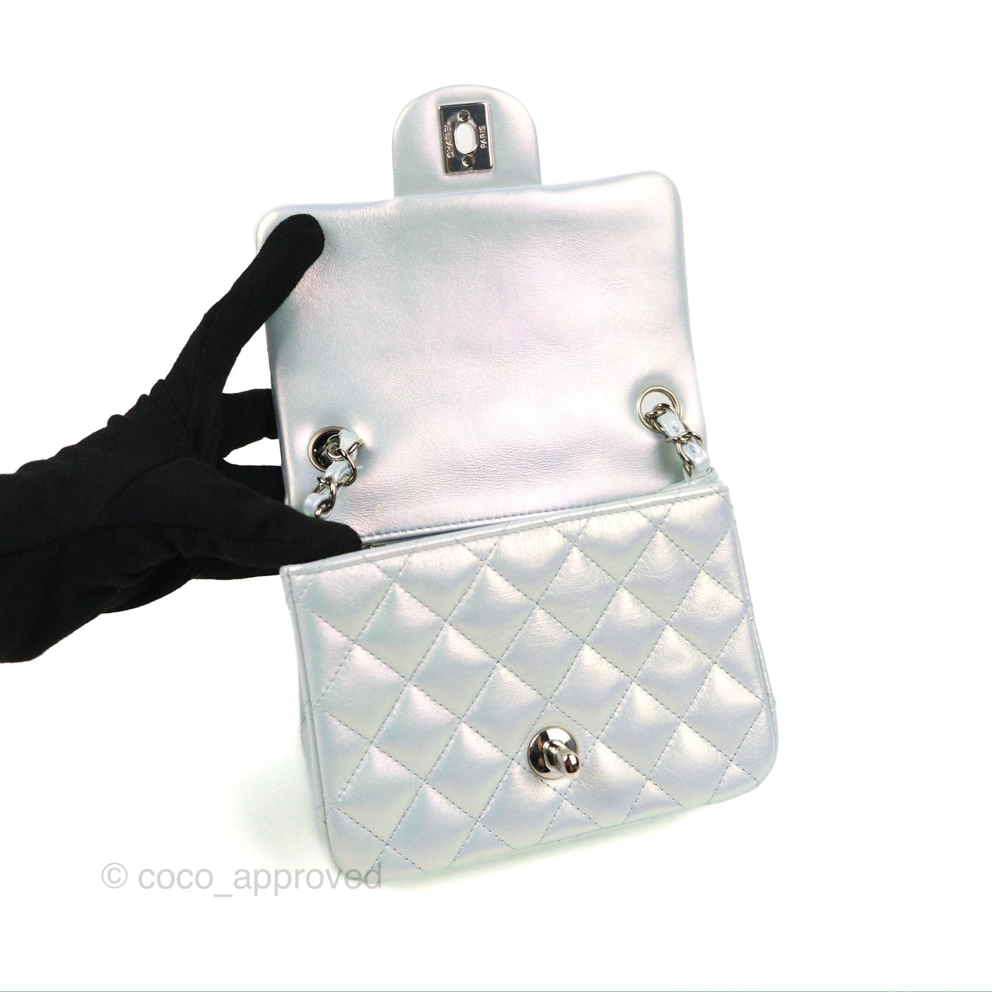 Chanel Mini Square Quilted Iridescent Pale Blue Silver Hardware