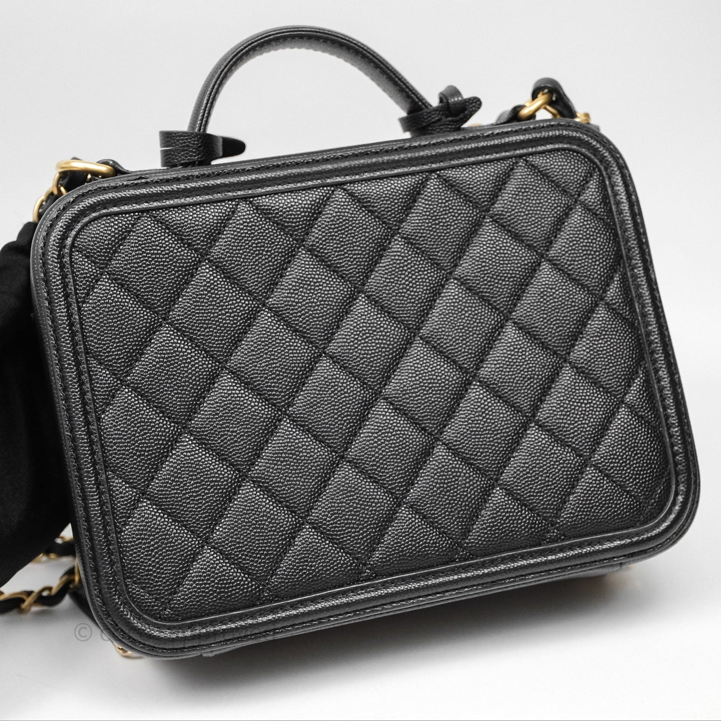 Chanel Quilted Medium CC Filigree Vanity Case Black Caviar Aged Gold Hardware