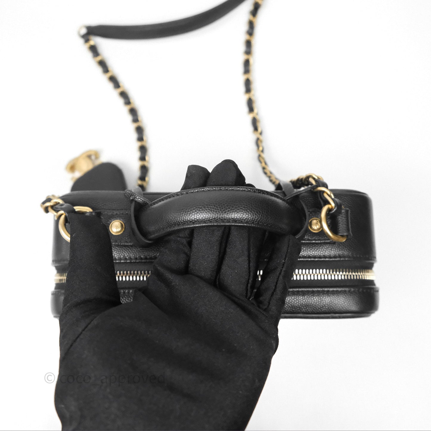 Chanel Quilted Medium CC Filigree Vanity Case Black Caviar Aged Gold Hardware