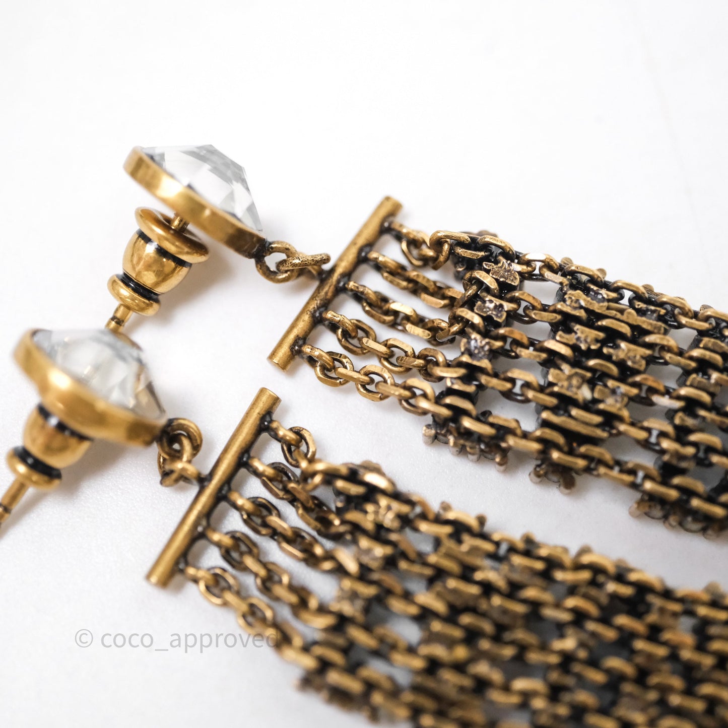Christian Dior Crystal J'Adior Dangle Chain Earrings Gold Tone