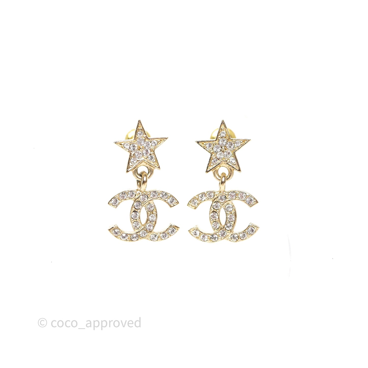 Chanel Star Drop Crystal CC Earrings Gold Tone 23A