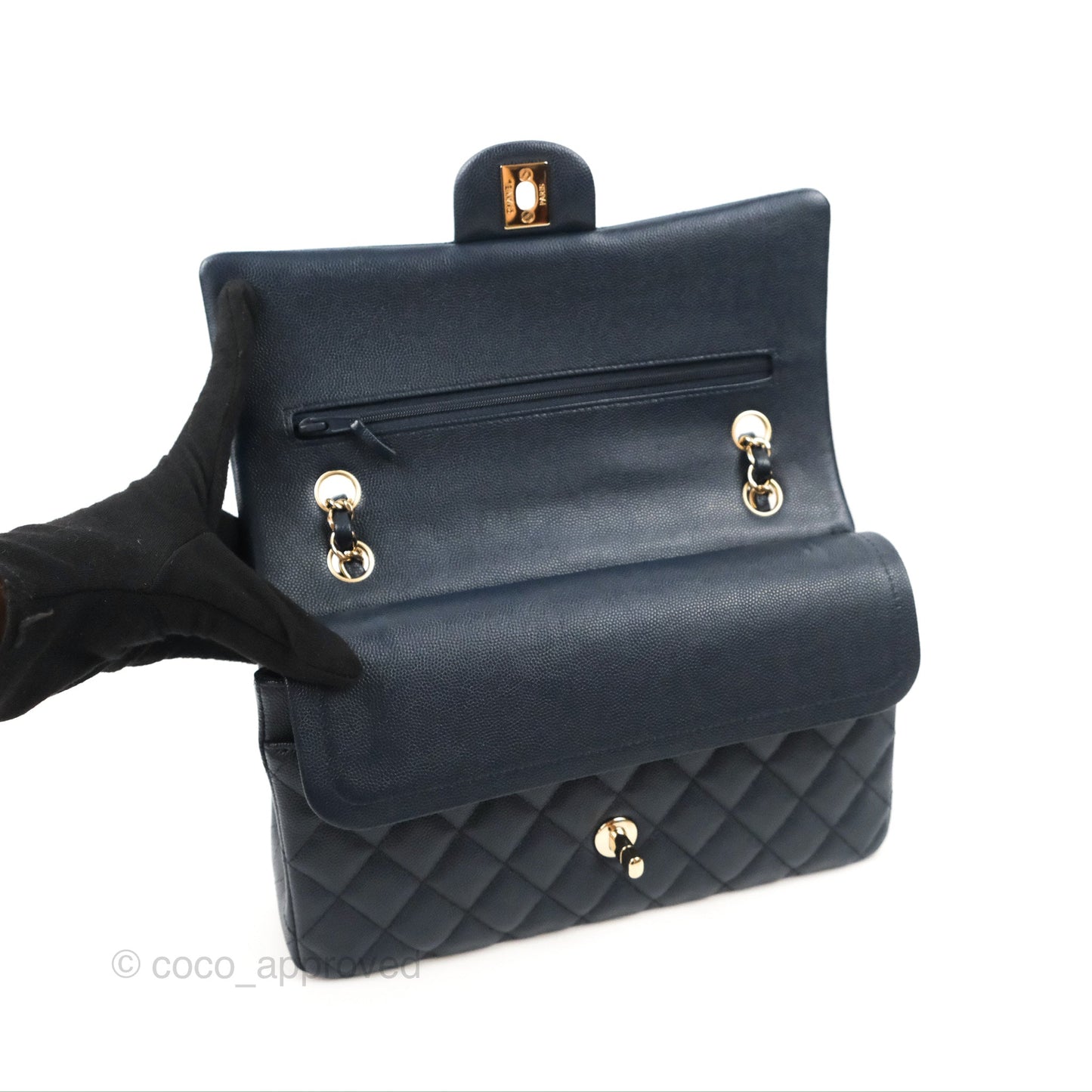 Chanel Classic M/L Medium Flap Quilted Navy Caviar Gold Hardware