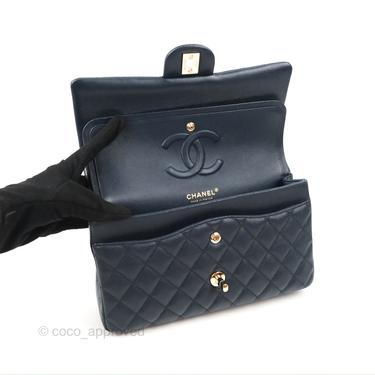 Chanel Classic M/L Medium Flap Quilted Navy Caviar Gold Hardware