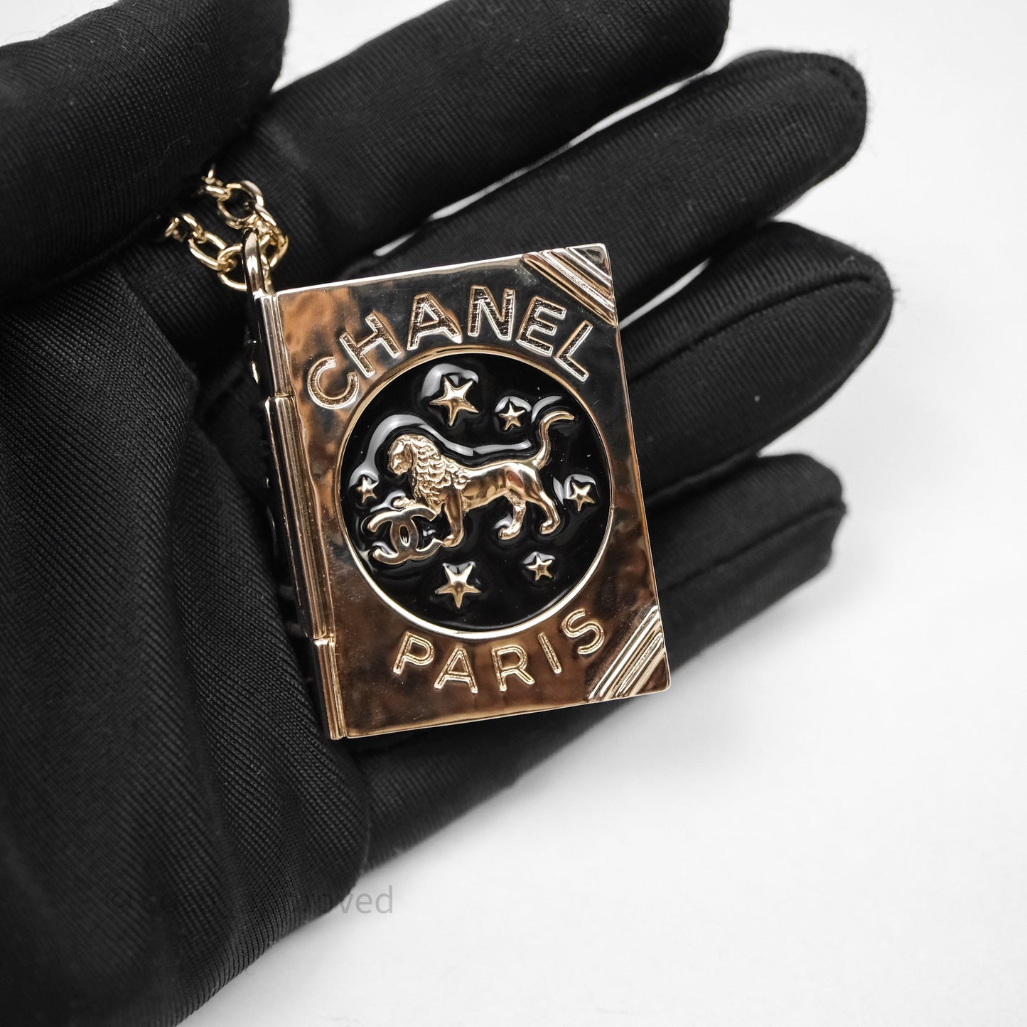 Chanel CC Logo Lion Book Locket Black/Light Gold Necklace 22C