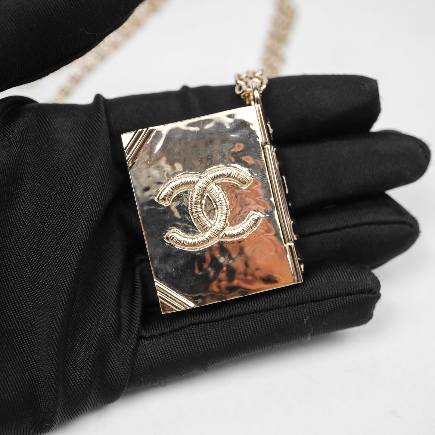 Chanel CC Logo Lion Book Locket Black/Light Gold Necklace 22C