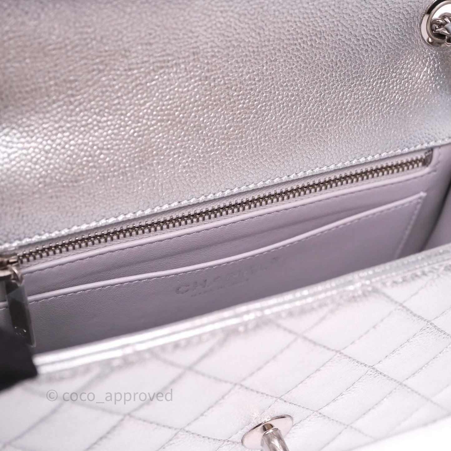 Chanel Quilted Mini Rectangular With Enamel CC Adjustable Chain Metallic Silver Caviar