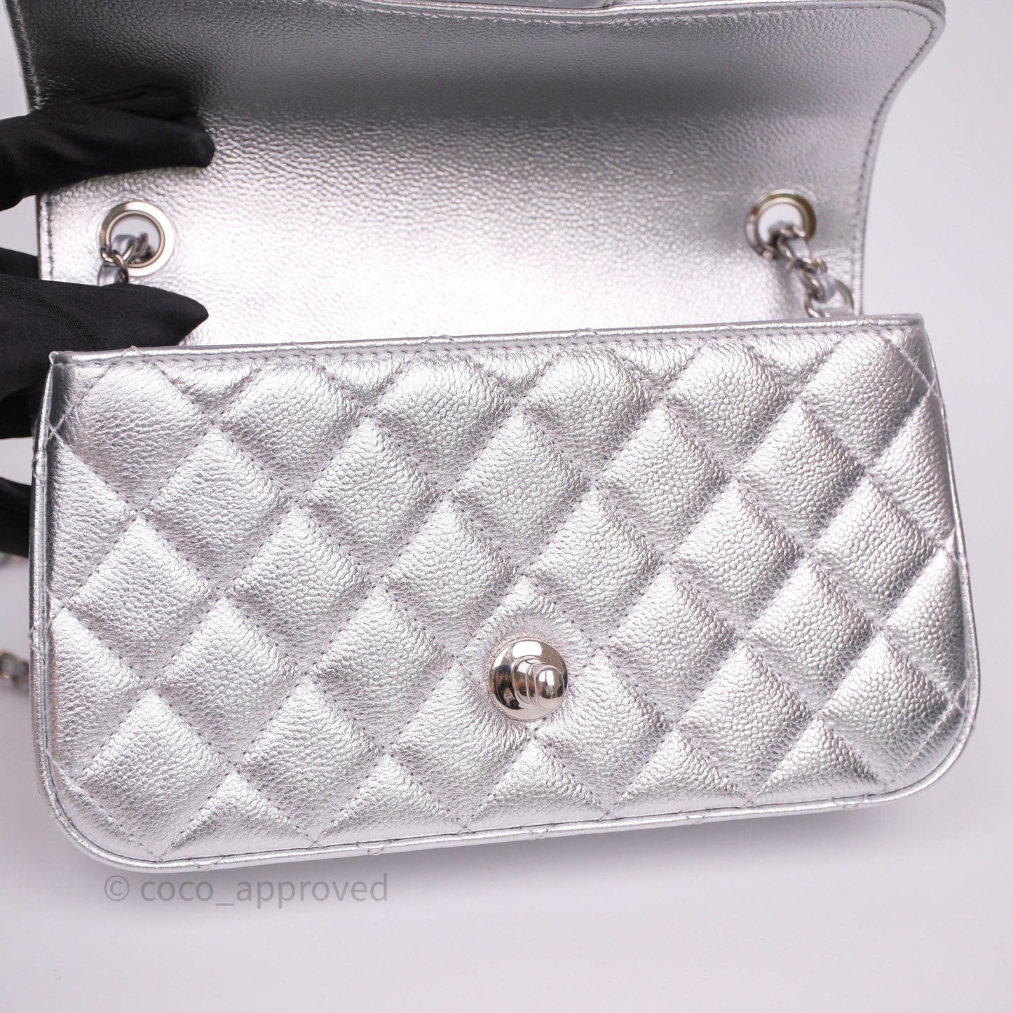 Chanel Quilted Mini Rectangular With Enamel CC Adjustable Chain Metallic Silver Caviar