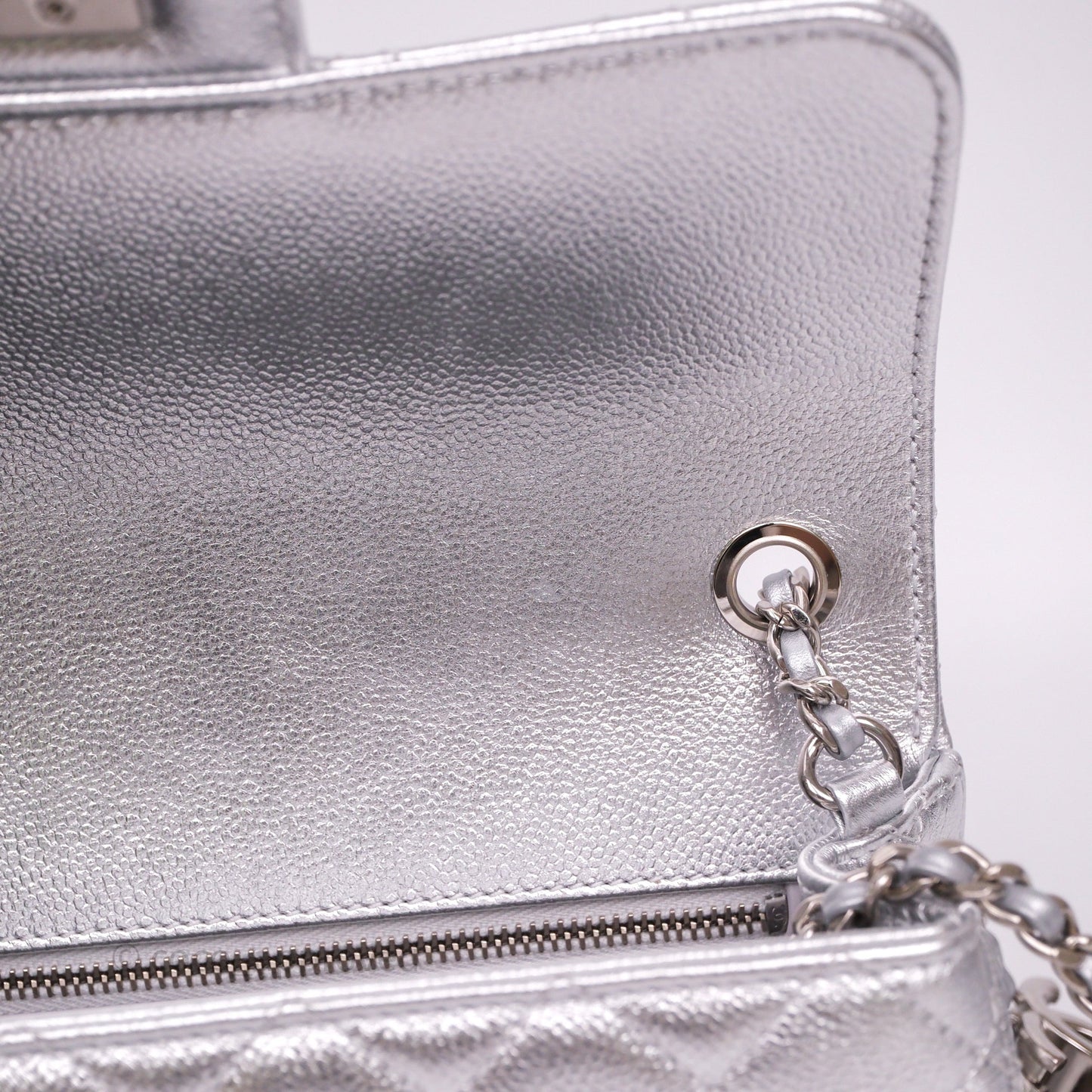 Chanel Quilted Mini Rectangular With Enamel CC Adjustable Chain Metallic Silver Caviar