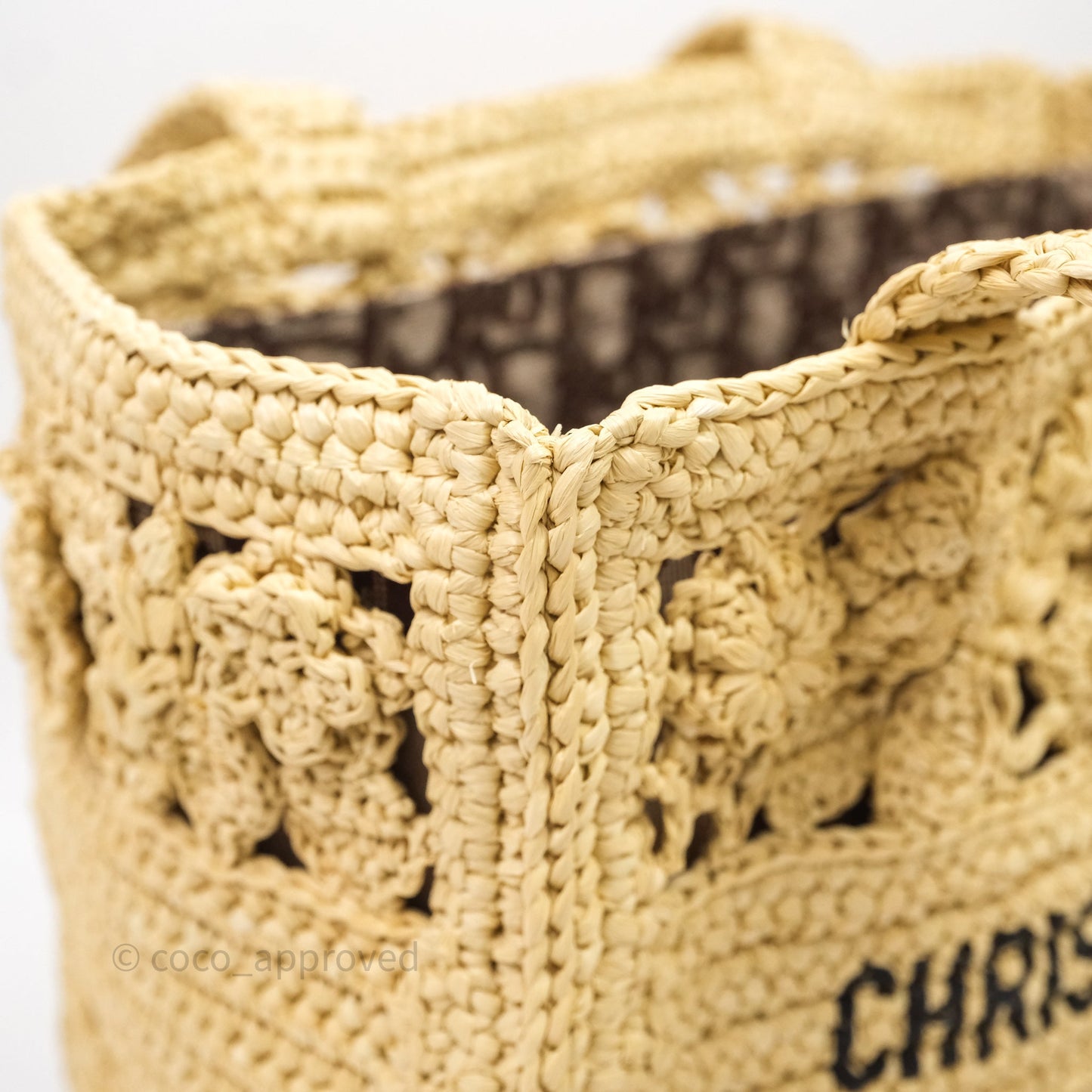 Christian Dior Floral Embellished Book Tote Bag Raffia Natural