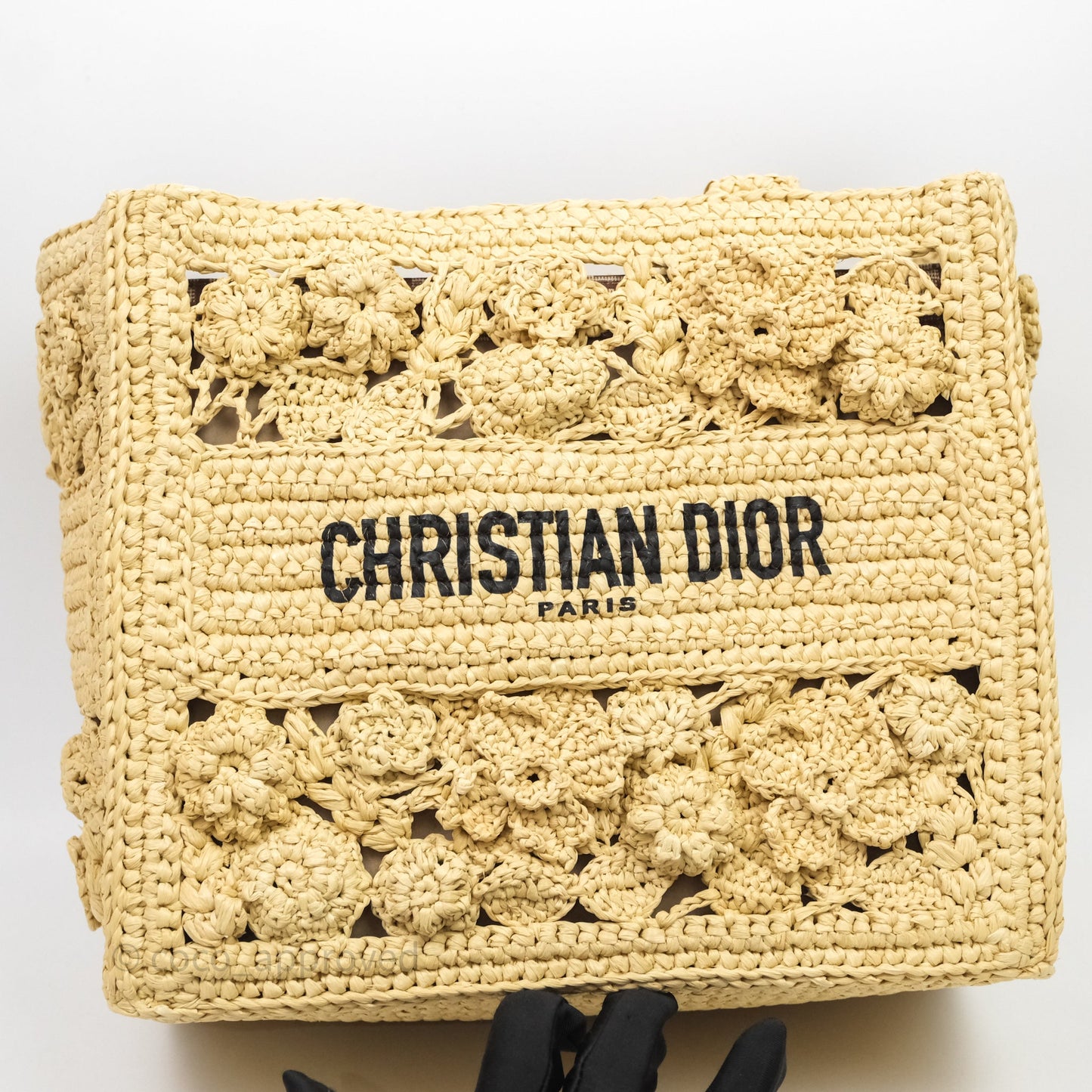Christian Dior Floral Embellished Book Tote Bag Raffia Natural