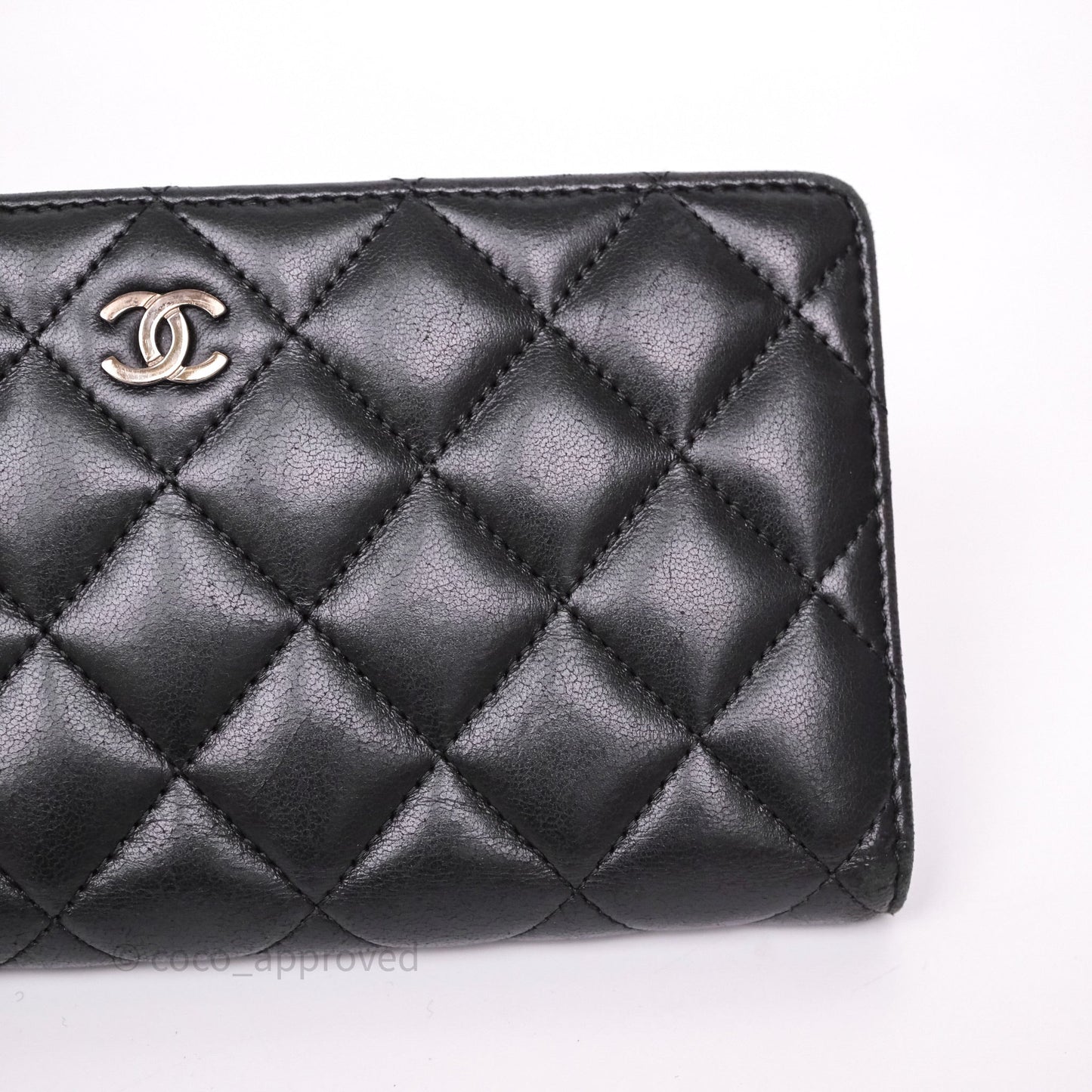Chanel Classic Quilted Long Wallet Black Lambskin Silver Hardware