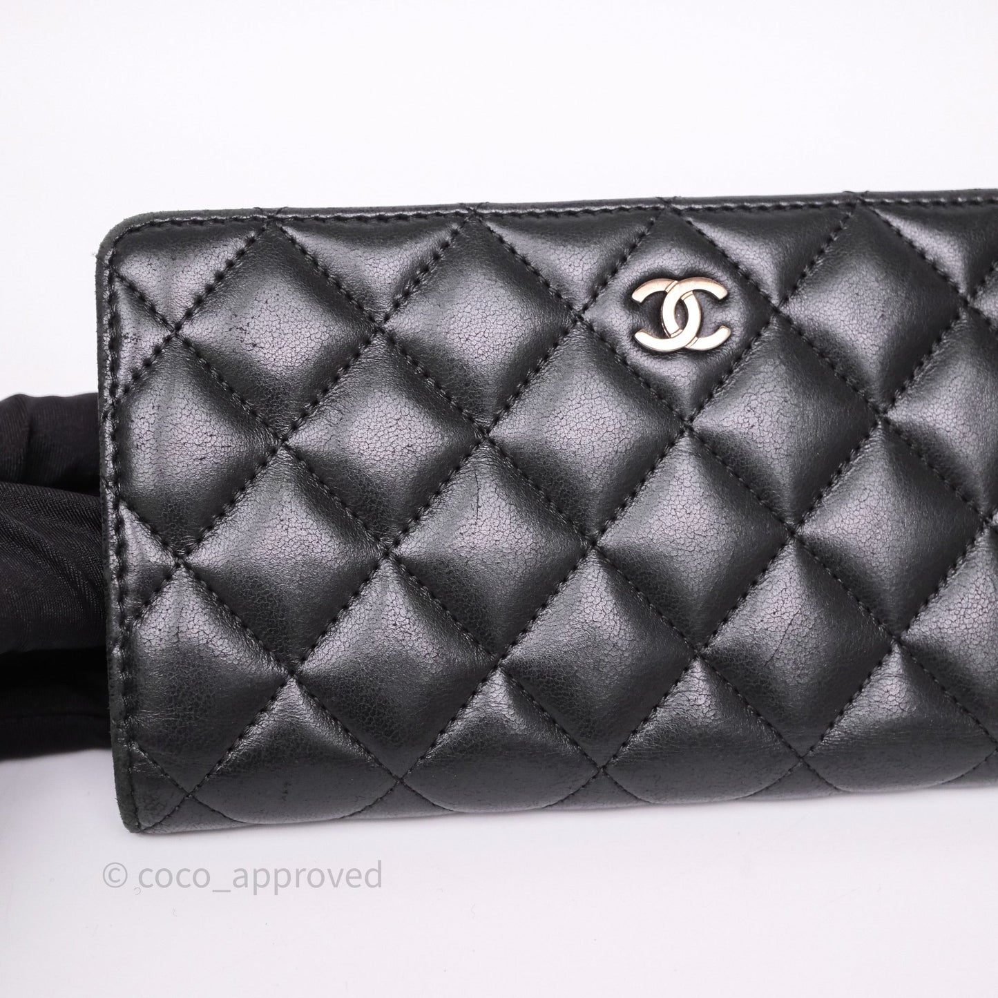Chanel Classic Quilted Long Wallet Black Lambskin Silver Hardware