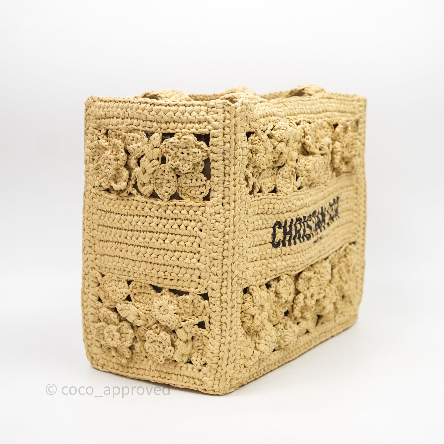 Christian Dior Floral Embellished Book Tote Bag Raffia Natural
