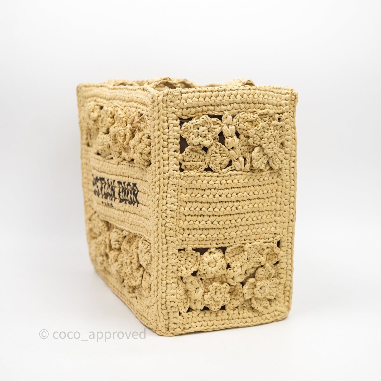 Christian Dior Floral Embellished Book Tote Bag Raffia Natural