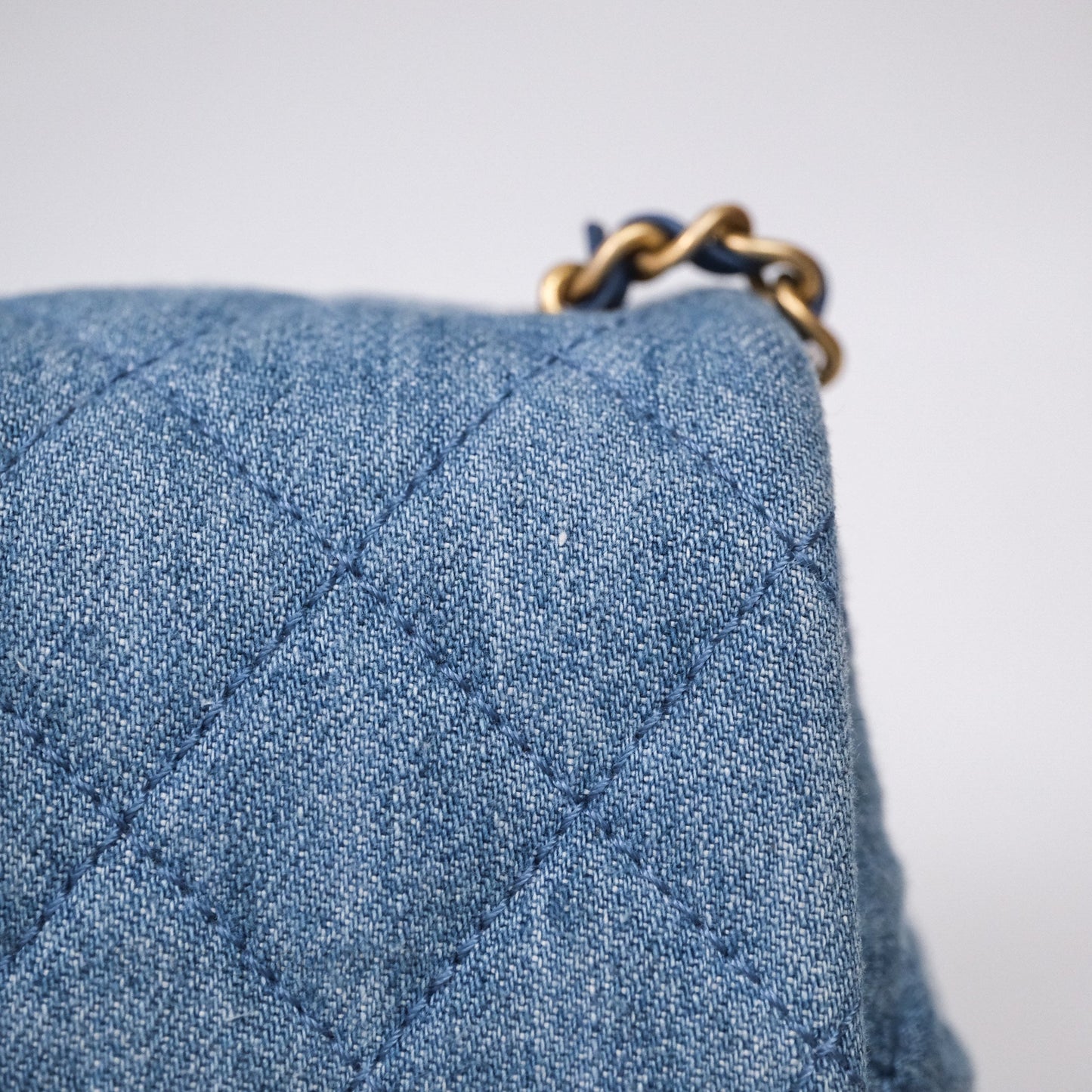 Chanel Mini Square Pearl Crush Quilted Denim Aged Gold Hardware