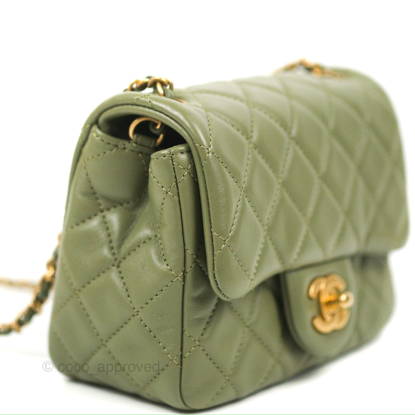 Chanel Pearl Crush Mini Square Quilted Olive Green Lambskin Aged Gold Hardware